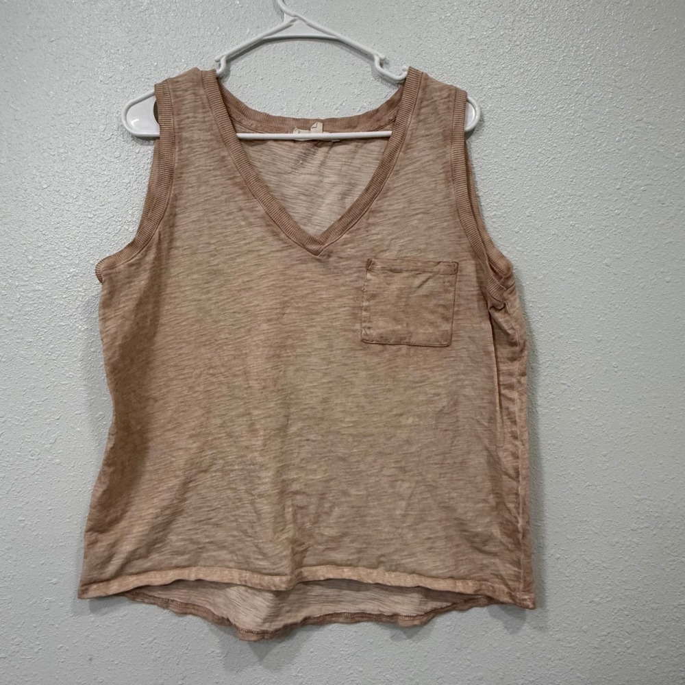 Jane + Delancey Tan Slub Knit Cotton V-Neck Pocket Tank Top Large